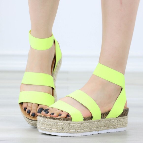 Neon Yellow Elastic Strappy Sandals Espadrille Platform Heel - Picture 12 of 14